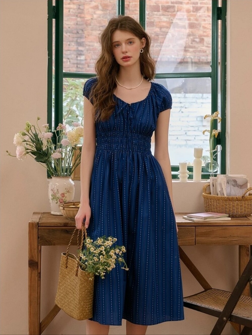 Women's Blue Cotton Cap Sleeve Midi Cottage Dress